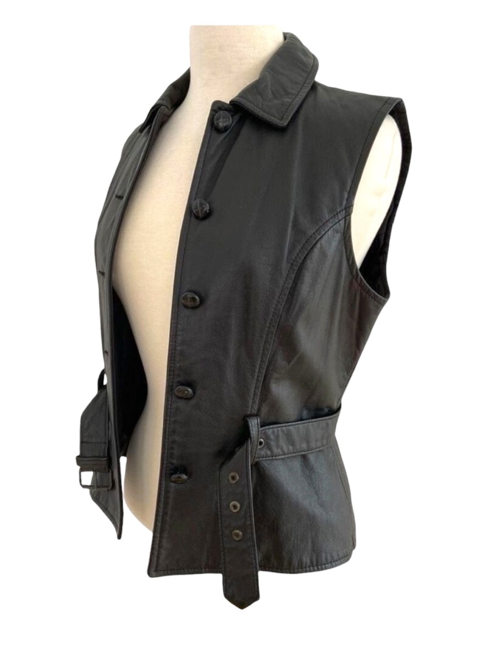 Plongé Genuine Leather Vest M Black Fitted Belted 90s Y2K Designer Waistcoat